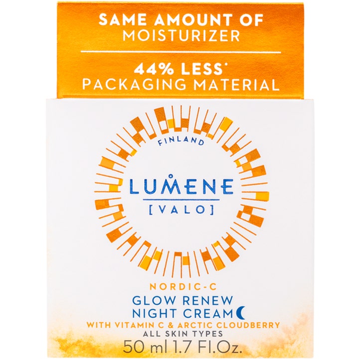 Lumene Nordic-C Glow Renew Night Cream 50 ml natcreme med C-vitamin i hvid og orange æske med 44% mindre emballage