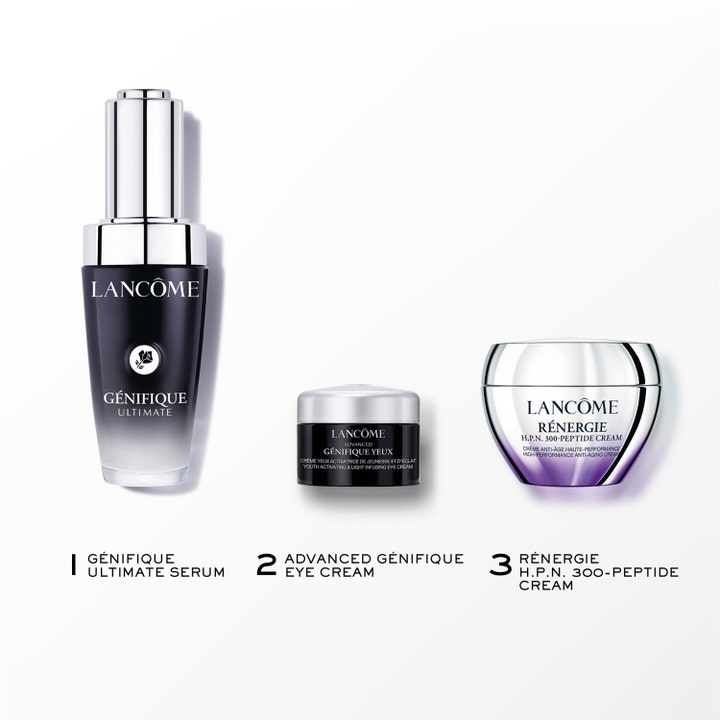 Lancôme Génifique Routine Set 2025 1 stk hudpleje med serum øjencreme og peptide ansigtscreme i sorte og sølv krukker