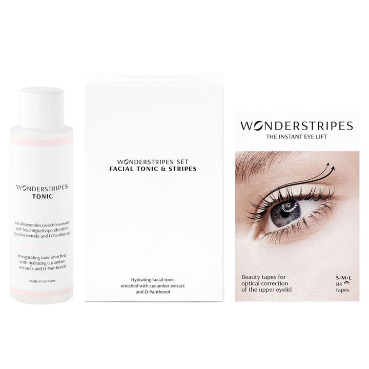 Wonderstripes Facial Tonic & Stripes Set 84 stk opstrammende øjenløft i hvid flaske og diskret øjenlågstape