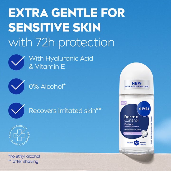 NIVEA Derma Control Restore 50 ml roll on deodrant til sensitiv hud med 72h beskyttelse og hyaluronsyre