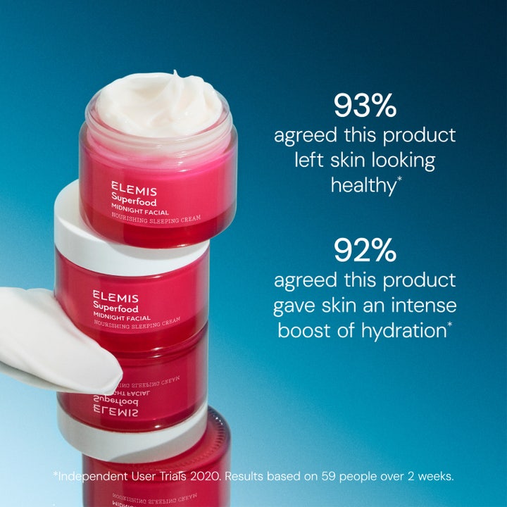Elemis Superfood Midnight Facial 50 ml fugtgivende natmaske i røde krukker med hvid creme og testresultater