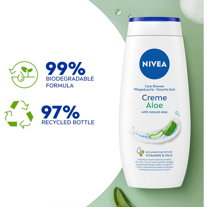 NIVEA Creme Aloe 250 ml fugtgivende duschtvål i hvid genanvendt flaske med 99% bionedbrydelig formel