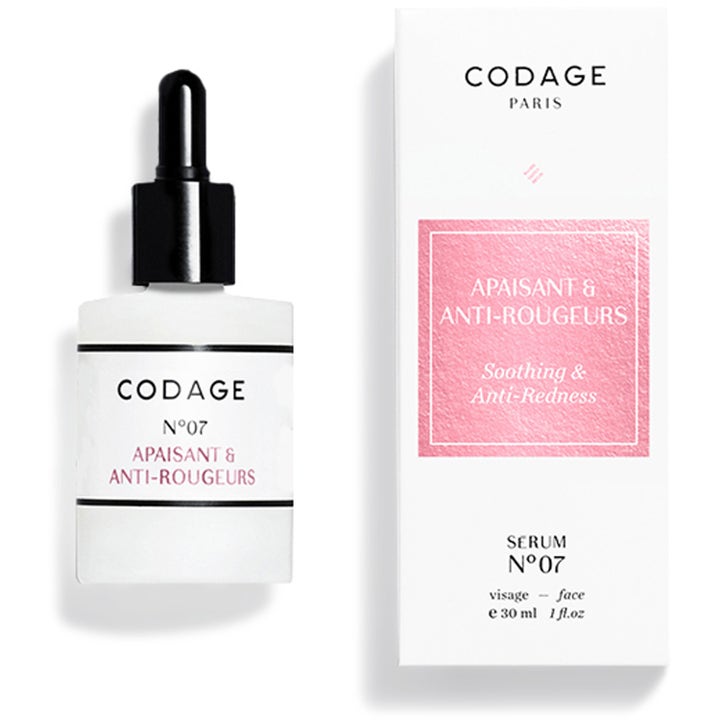 Codage N°07 Soothing & Anti-Redness 30 ml beroligende serum mod rødme i hvid frostet flaske med sort pipette og æske