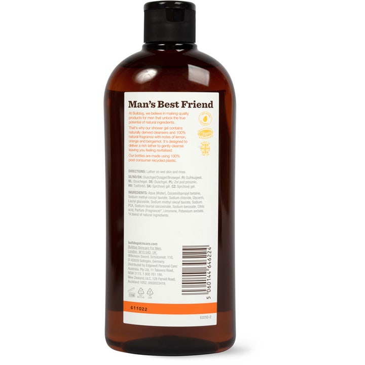 Bulldog Shower Gel Lemon & Bergamot 500 ml kropsvask med naturlig duft i brun flaske der viser bagsideetiket
