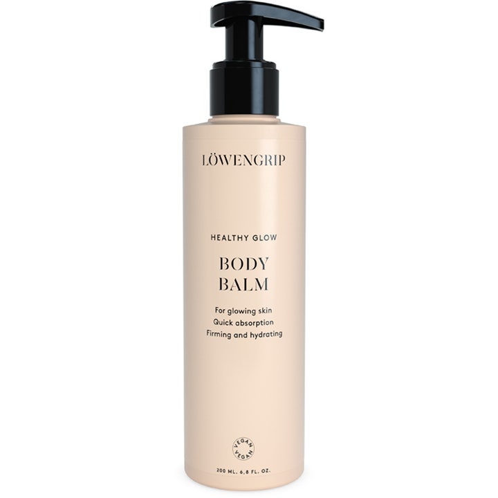 Löwengrip Healthy Glow Body Balm 200 ml opstrammende body balm i beige flaske med sort pumpe der giver huden glød