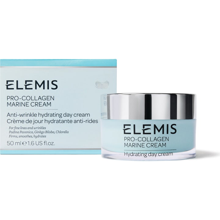 Elemis Pro-Collagen Marine Cream 50 ml fugtgivende dagcreme mod rynker i lyseblå krukke med sølvlåg og æske