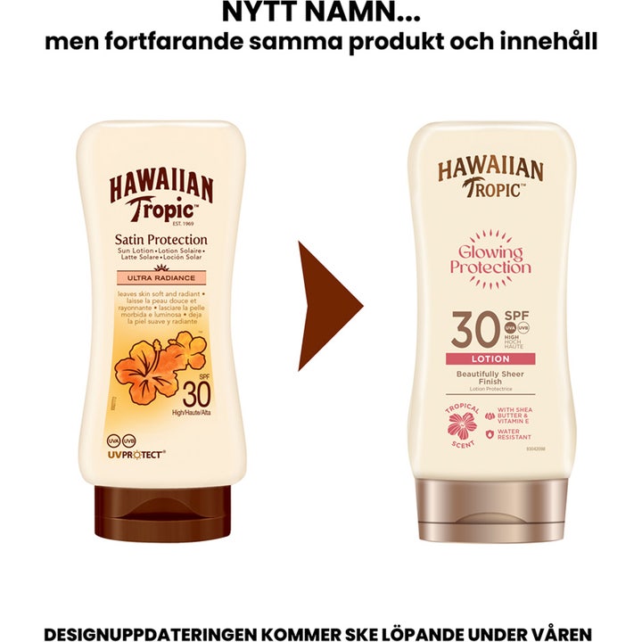 Hawaiian Tropic Glowing Protection Lotion SPF30 180 ml solcreme viser sammenligning af gammelt og nyt design