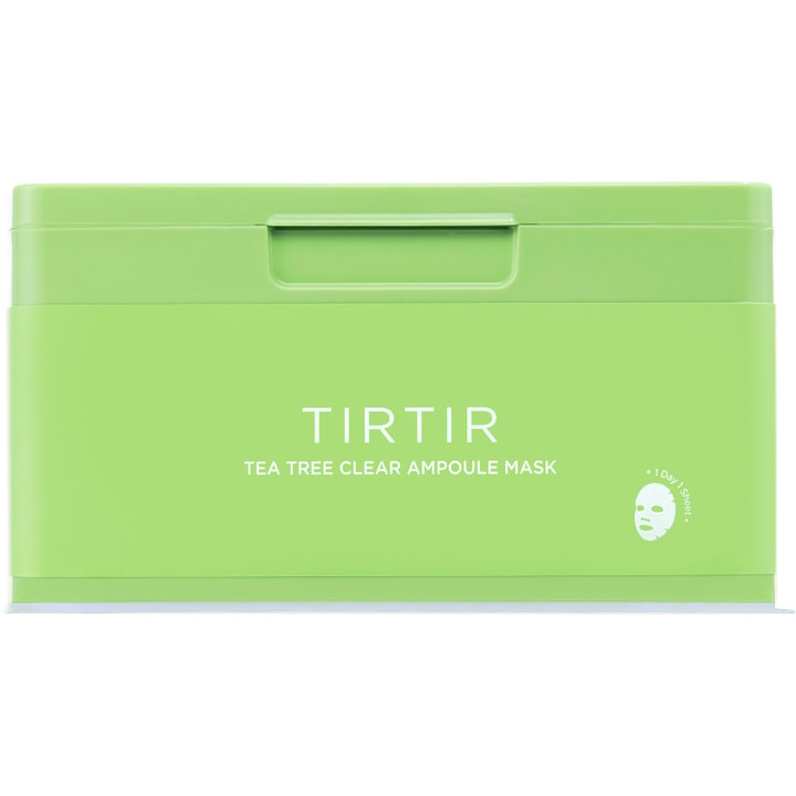 TIRTIR Tea Tree Clear Ampoule Mask 310 g beroligende ansigtsmaske i en lysegrøn beholder med låg
