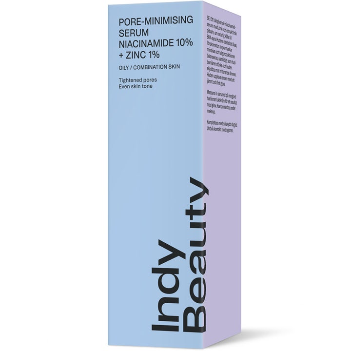 Indy Beauty Pore-minimising Serum 30 ml poreformindskende ansigtsserum i lyseblå papemballage til fedtet hud