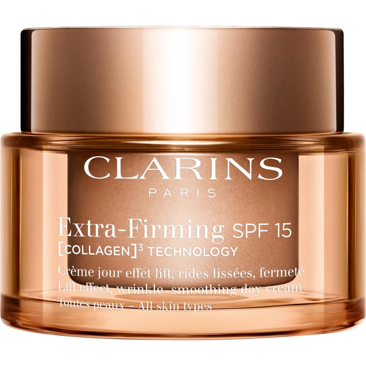 Clarins Extra-Firming SPF 15 opstrammende dagcreme mod rynker i en bronzefarvet glaskrukke med metallisk låg