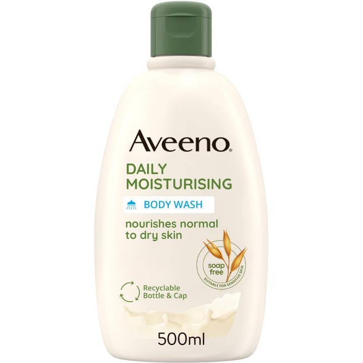 Aveeno Daily Moisturising Body Wash 500ml nærende kropsvask i beige plastflaske med mørkegrønt låg og havre.
