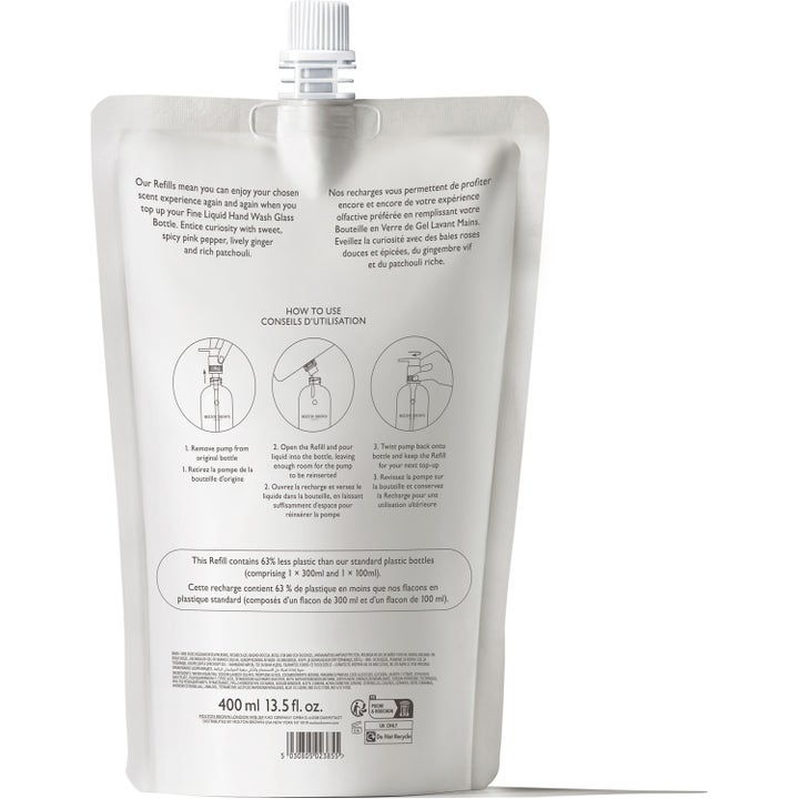 Molton Brown Fiery Pink Pepper 400 ml refill håndsæbe bagside af pose med instruktioner og info om mindre plastikbrug