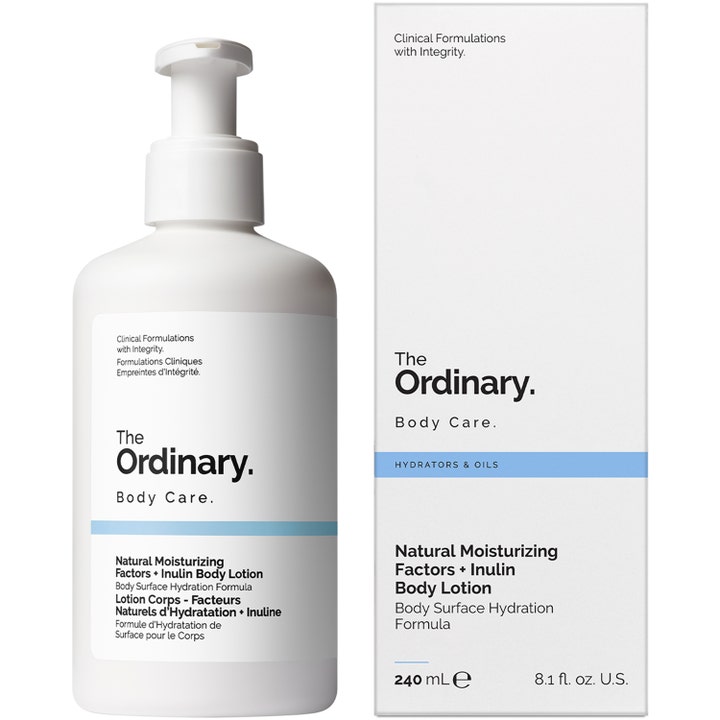 The Ordinary NMF + Inulin Body Lotion 240 ml fugtgivende bodylotion i hvid pumpeflaske og hvid æske