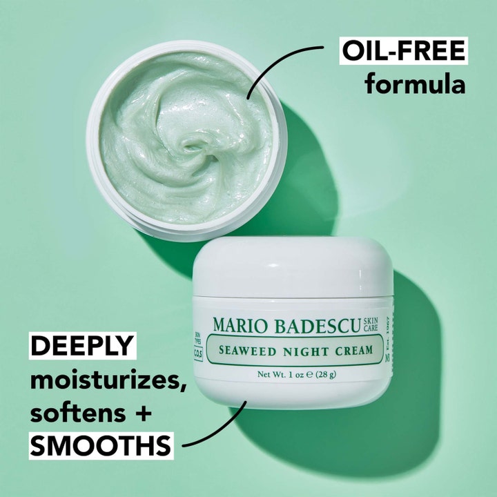 Mario Badescu Seaweed Night Cream 29 ml fugtgivende nattcreme med lysegrøn oliefri tekstur i hvid krukke.