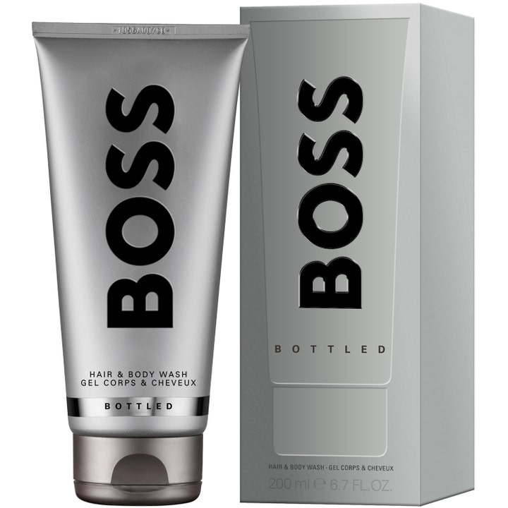 BOSS Bottled 200 ml hår og kropsvask giver en frisk følelse i en elegant sølvfarvet tube og matchende æske