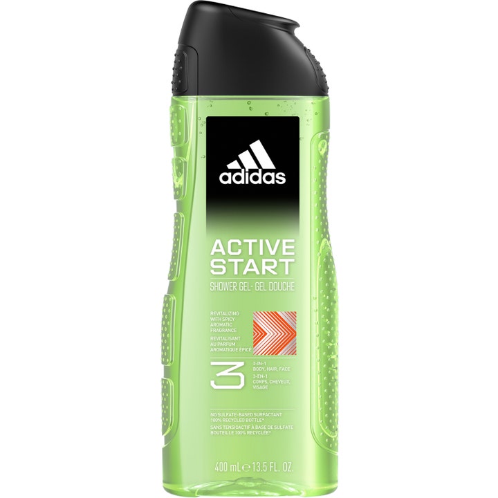 Adidas Active Start 400 ml revitaliserende 3-i-1 showergel i lysegrøn gennemsigtig plastflaske med sort låg.