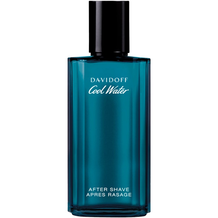 Davidoff Cool Water aftershave der beroliger huden i en elegant dybblå glasflaske med sort låg.