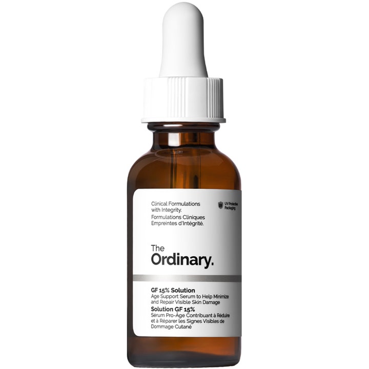 The Ordinary GF 15% Solution 30ml age support serum reparerer hudskader i ravfarvet glasflaske med hvid pipette