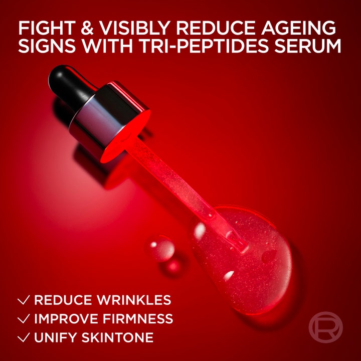 L'Oréal Paris Revitalift Laser Tri-Peptides 30 ml anti-age ansigtsserum med pipette og dråbe af klar tekstur.