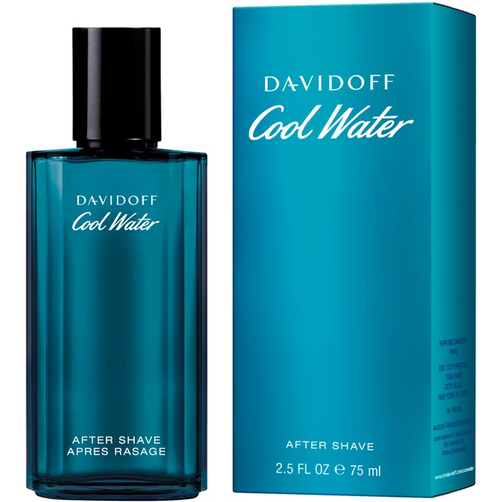 Davidoff Cool Water 75 ml after shave i blå glasflaske med sort låg og matchende blå æske