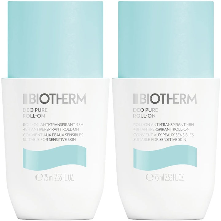 Biotherm Deo Pure Roll-On 2x75 ml antiperspirant mod sved i to hvide flasker med lyseblå låg til sensitiv hud