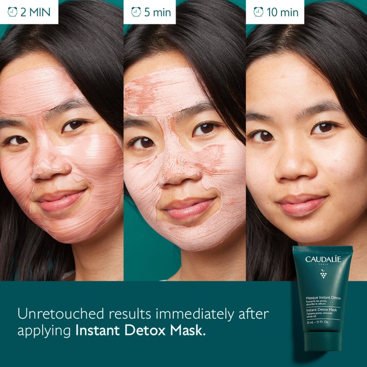 Caudalie Instant Detox Mask 35 ml ansigtsmaske viser før og efter resultat af lerets tørreproces på huden
