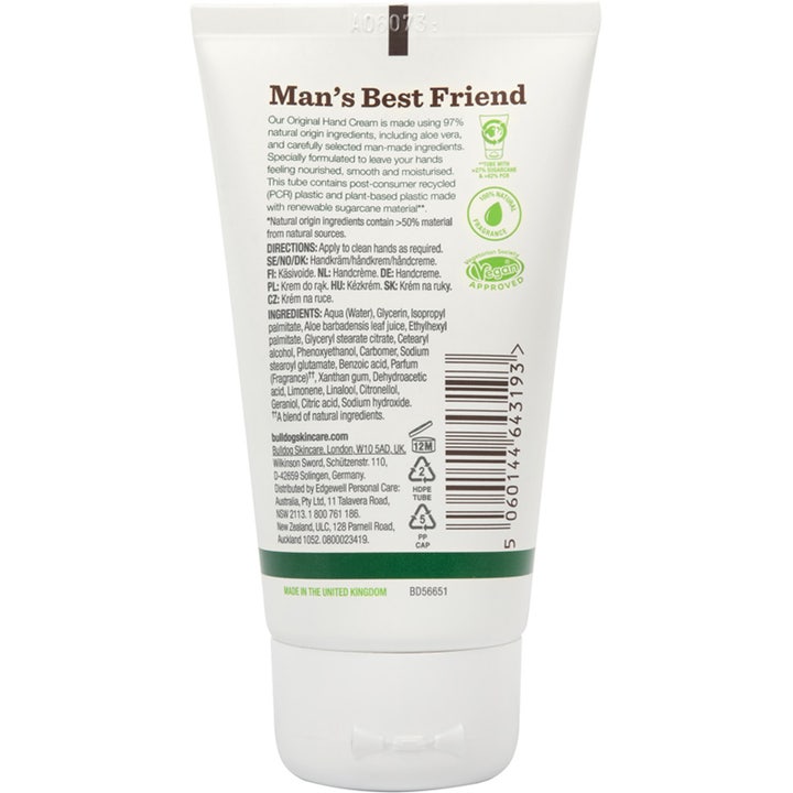 Bulldog Original Hand Cream 75 ml fugtgivende håndcreme viser ingrediensliste og vegansk logo på hvid tube