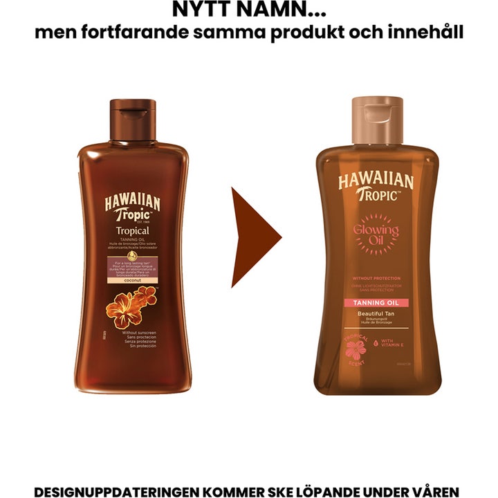 Hawaiian Tropic Glowing Oil 200 ml sololie giver smuk glød og viser nyt og gammelt design på de brune flasker.