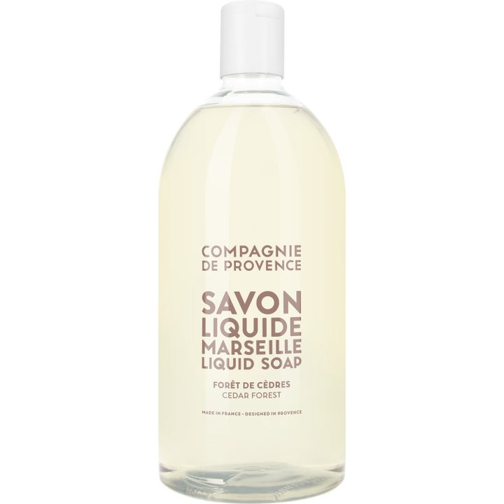 Compagnie de Provence Savon Liquide Marseille 1000 ml flydende sæbe i gennemsigtig flaske med hvidt skruelåg