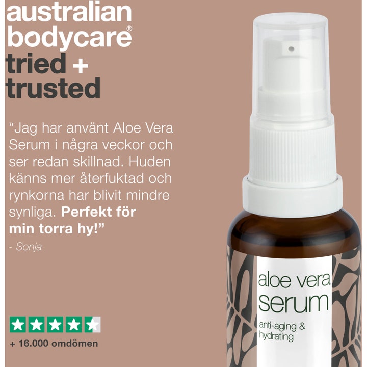 Australian Bodycare Aloe Vera Serum 30 ml fugtgivende serum i brun pumpeflaske med kundeanmeldelse og stjernebedømmelse