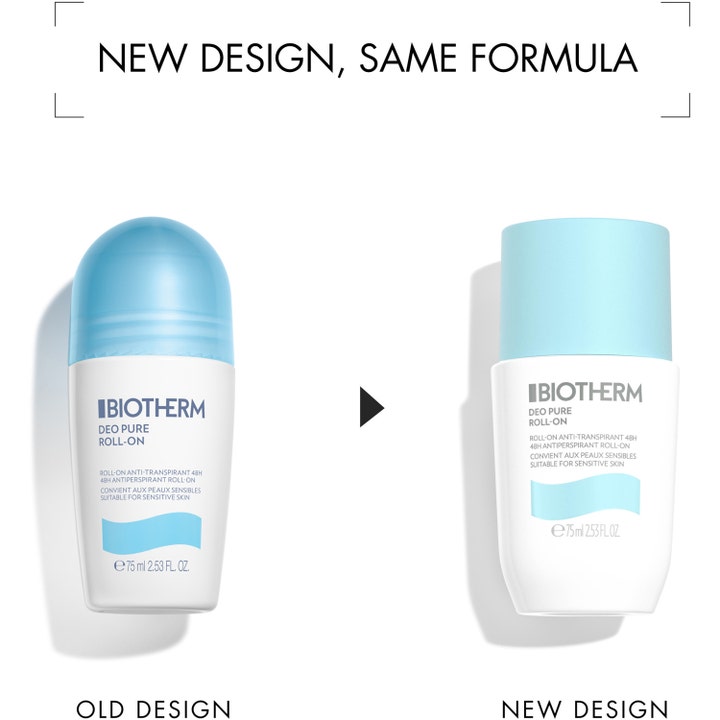 Biotherm Deo Pure Roll-On 75 ml antiperspirant deodorant viser nyt design med lyseblåt låg til følsom hud.