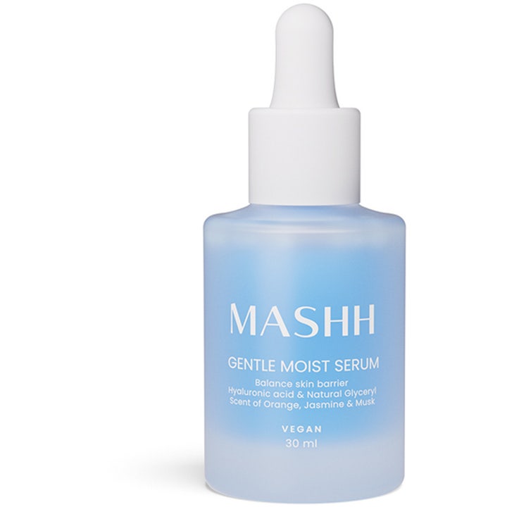 Mashh Gentle Moist Serum 30 ml fugtgivende ansigtsserum i en blå frostet glasflaske med hvid pipette