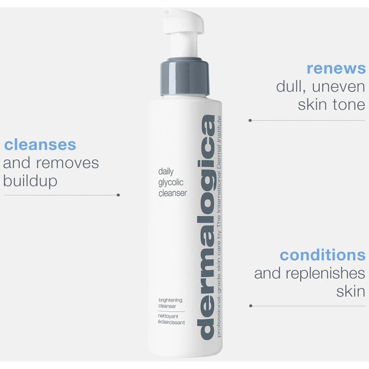 Dermalogica Daily Glycolic Cleanser 150 ml ansigtsrengøring i hvid pumpeflaske der fornyer en mat hudtone