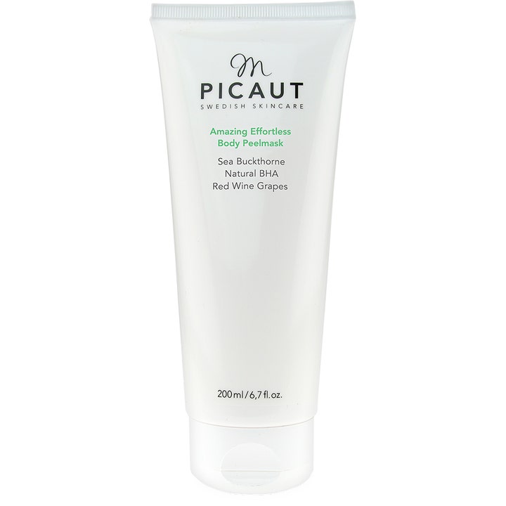 M Picaut Amazing Effortless Body Peelmask 200 ml eksfolierende kropsmaske i hvid tube med grøn tekst