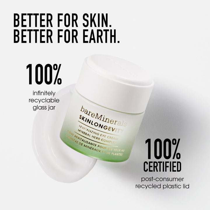 bareMinerals Skinlongevity Revitalizing Eye cream 15 g øjencreme i genanvendelig glaskrukke med hvidt låg og creme.