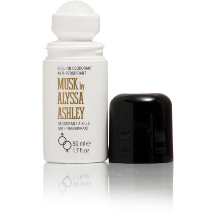 Alyssa Ashley Musk Roll-On Deodorant 50 ml modvirker sved i hvid flaske med synlig roll-on top og sort låg
