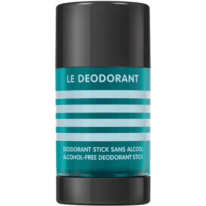 Jean Paul Gaultier Le Male Deodorant Stick 75ml alkoholfri deostick i turkis hylster med lyseblå striber og sort låg.