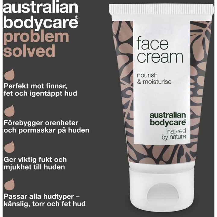 Australian Bodycare Face Cream 50 ml fugtgivende ansigtscreme mod uren hud i hvid tube med brunt bladmønster