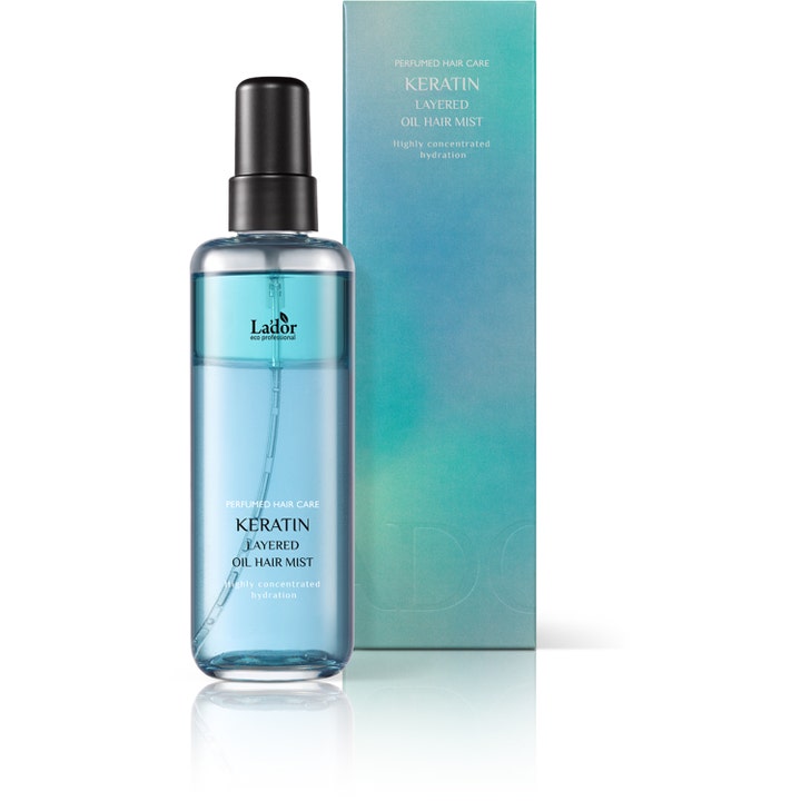 La'dor Keratin Layered Mist 130 ml fugtgivende hårspray i gennemsigtig blå flaske med matchende æske