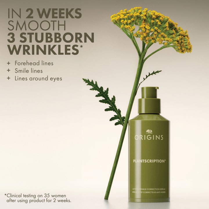 Origins Plantscription Active Wrinkle Correction Serum 48 ml mod rynker ved siden af en gul blomst