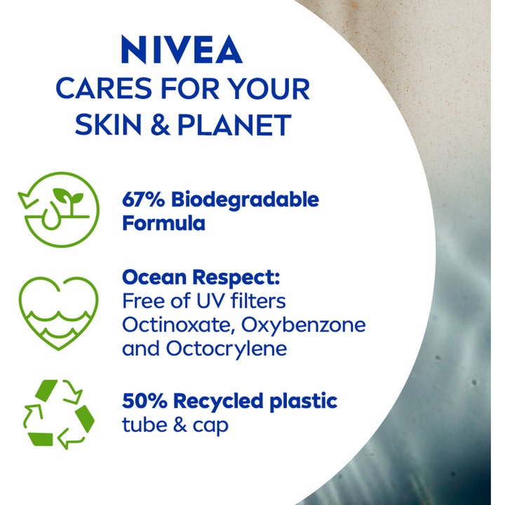 NIVEA UV Face Sensitive 50 ml solcreme til ansigtet med info om bionedbrydelig formel og genbrugsplast