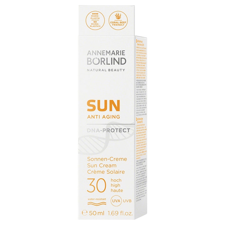 Annemarie Börlind Sun DNA Protect SPF 30 50 ml anti-aging solcreme i hvid papemballage med orange tekst.