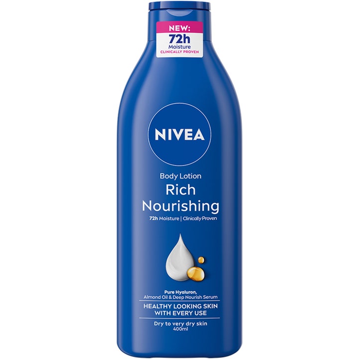 Nivea Rich Nourishing Body Lotion 400ml fugtgivende kropspleje i blå plastflaske med hvid og guld dråbe