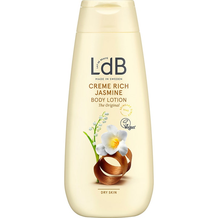 LdB Creme Rich Jasmine Body Lotion plejer tør hud i en cremehvid flaske prydet med hvide blomster og træmotiver