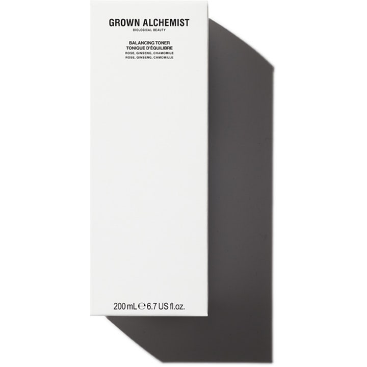 Grown Alchemist Balancing Toner 200 ml balancerende ansigtsvand i hvid yderemballage med rose og ginseng.