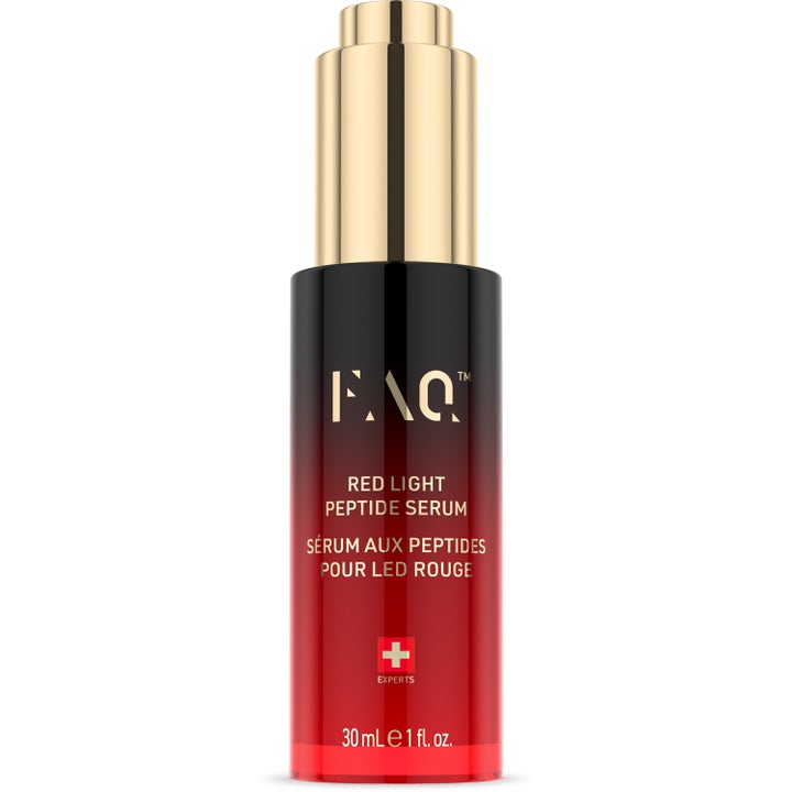 FAQ Swiss Red Light Peptide Serum 30 ml opstrammende serum i rød og sort gradientflaske med guldhætte