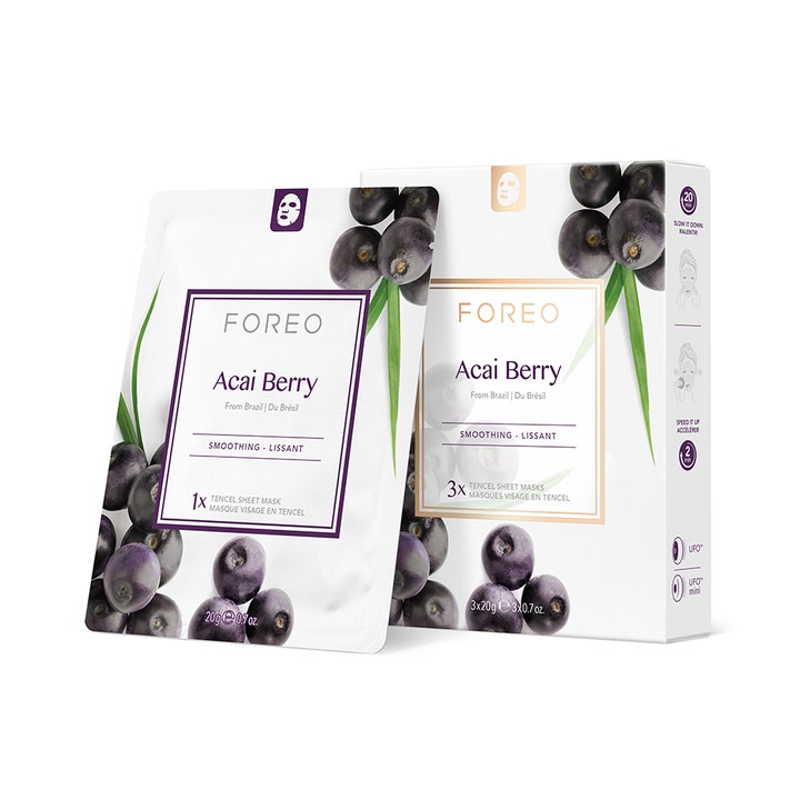 Foreo Acai Berry 3 stk udglattende ansigtsmaske i hvid emballage dekoreret med lilla bær og grønne blade
