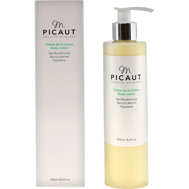 M Picaut Crème De La Crème Bodylotion 250 ml i flaske med pumpe og hvid æske giver fugt med havtorn