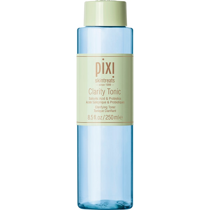 Pixi Clarity Tonic 250 ml eksfolierende ansigtstoner i en lyseblå gennemsigtig flaske med lysegrønt låg