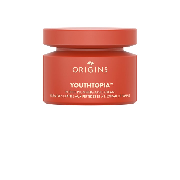 Origins Youthtopia Peptide Plumping Apple Cream ansigtscreme i en mat rød krukke der giver huden fornyet fylde.